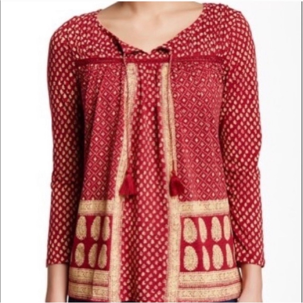 Lucky Brand Womens Red Ditsy FlowerPrint Tassel Tie Top Long Sleeve Medium